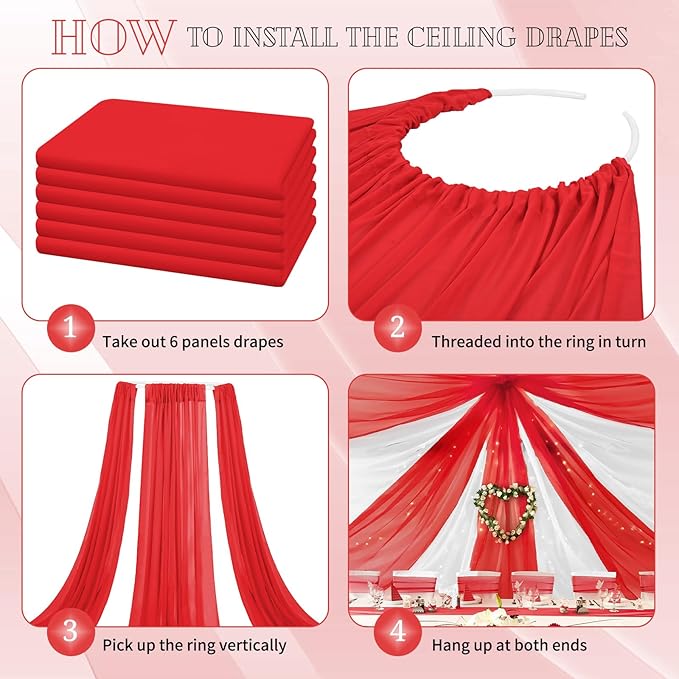 6 Panels Red Ceiling Drapes for Wedding 5ftx30ft Chiffon Fabric Arch Draping - Image 4