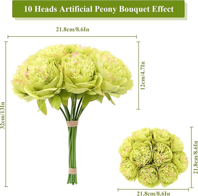 U'Artlines 10 Heads Artificial Peony Silk Flower Leaf Home Office Wedding Party - Image 2