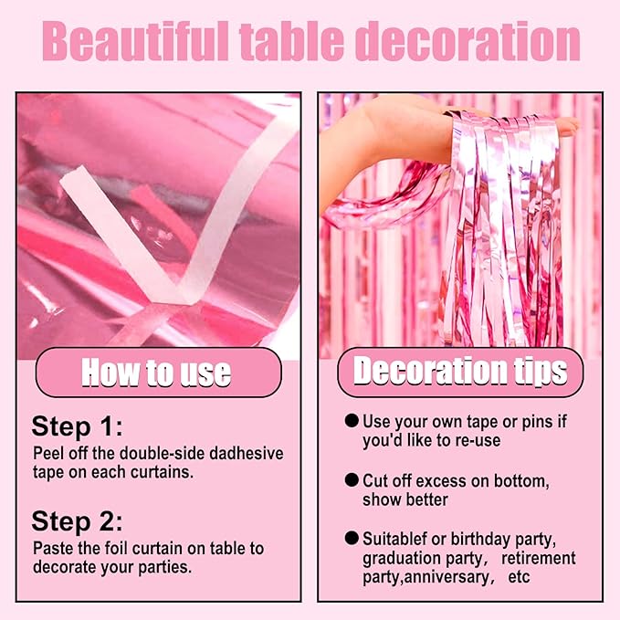 3 Pack 29 x108 Inch Pink Foil Fringe Table Skirts Metallic Banner - Image 3