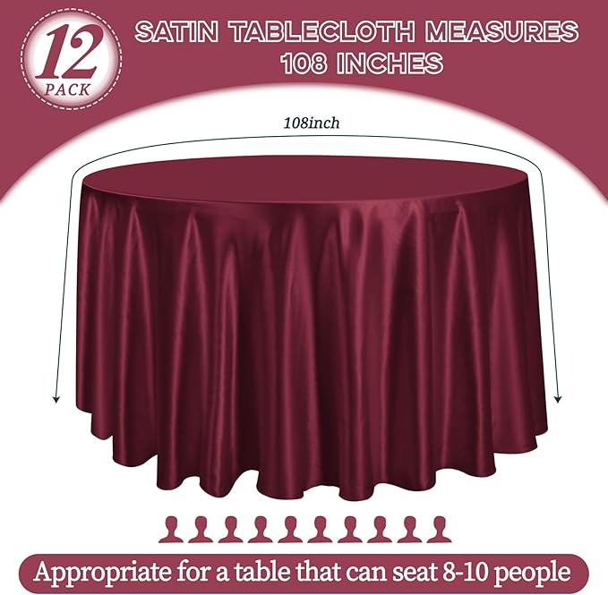 12 Pack 108 Inch Burgundy Satin Tablecloth - Image 2