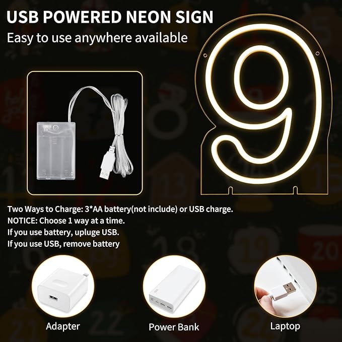 Number 9 LED Neon Sign Backdrop Birthday Party Decoration, 11.3" Height Warm - Image 2