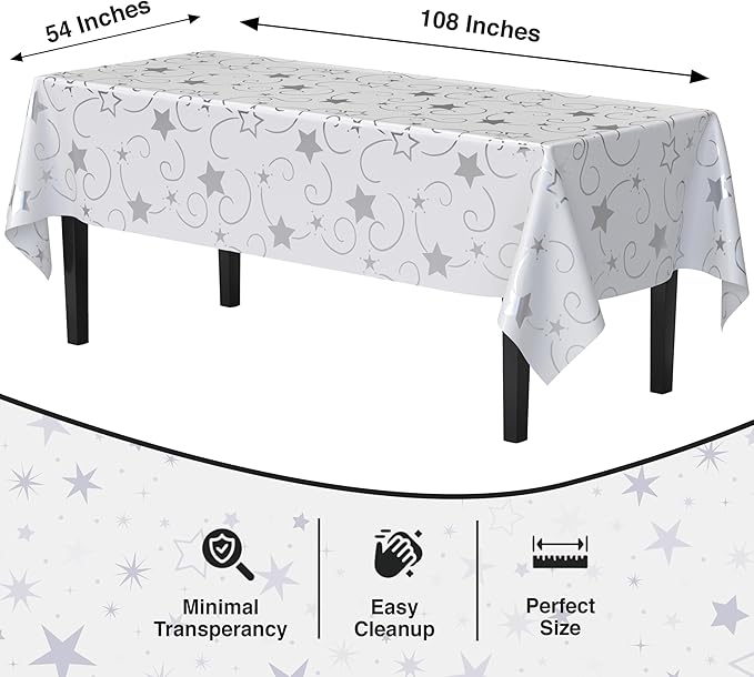 Exquisite Silver Star Tablecloth Plastic 12-Pack Disposable Rectangle - Image 2