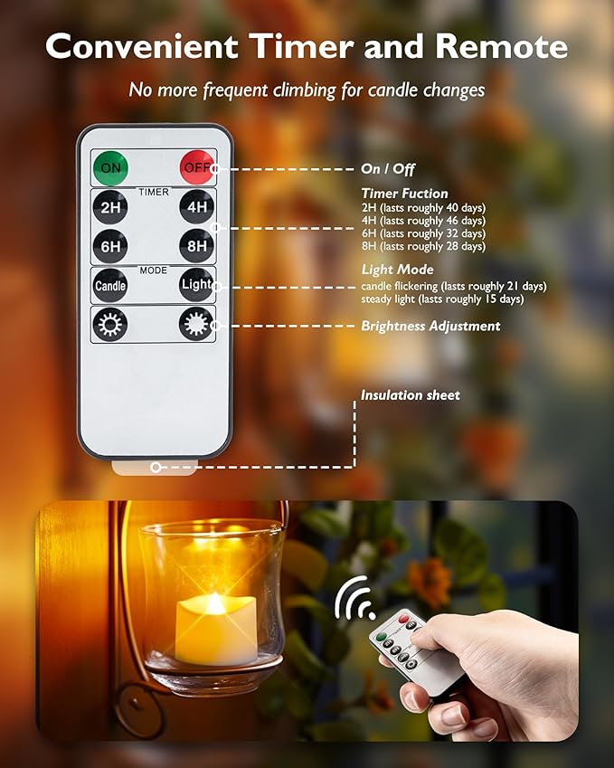 Homemory 12pcs Remote Timer LED Tea Lights Candles, 400+Hours Flickering - Image 6