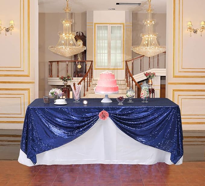 SquarePie Sequin Tablecloth Rectangular 60 x 102 Inch Navy Blue Sparkly Table - Image 7