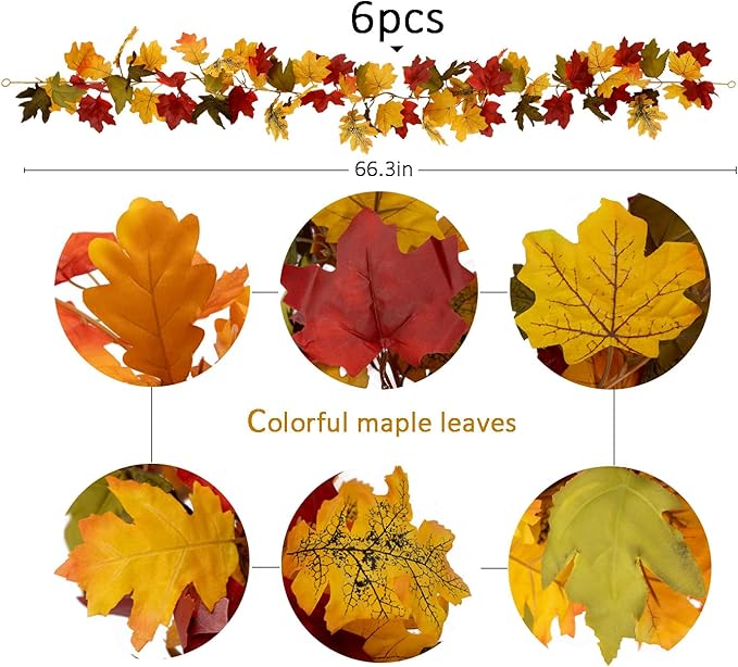 PARTY JOY 6PCS Orange Leaf Garland, 5.6Ft Halloween Garland Artificial Maple - Image 3