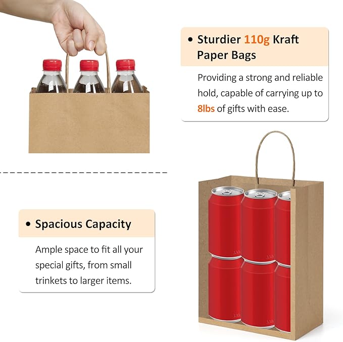 BagDream 50Pcs Gift Bags 8x4.25x10.5 Kraft Paper Gift Bags - Image 3