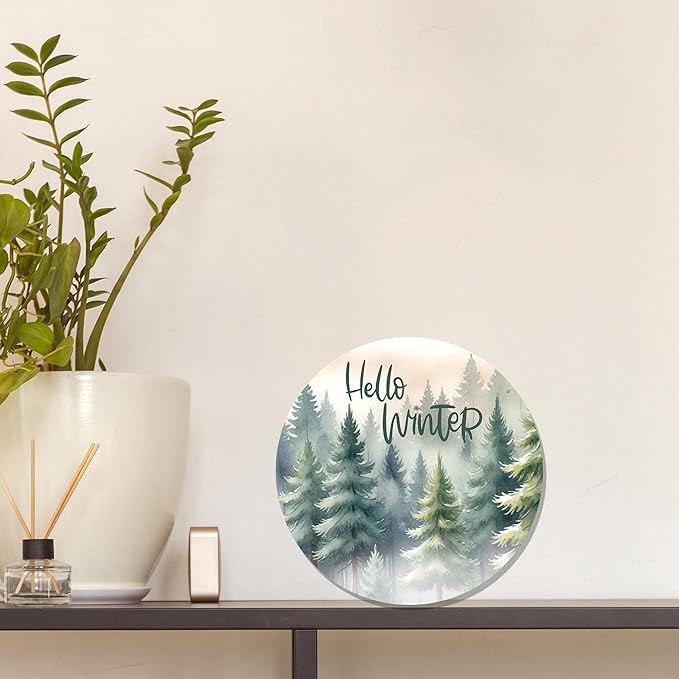 CGBHW Hello Winter Welcome Forest Wooden Sign, Winter Farmhouse Pine Trees - Image 4