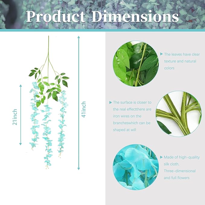 24 Pack Teal Wisteria Hanging Flowers, 3.4 Ft Fake Hanging Flowers, Artificial - Image 2