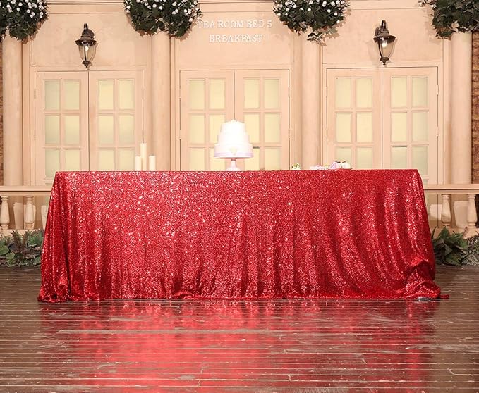 SquarePie Sequin Tablecloth 90 x 132 Inch Red Sparkly Table Linen - Image 4
