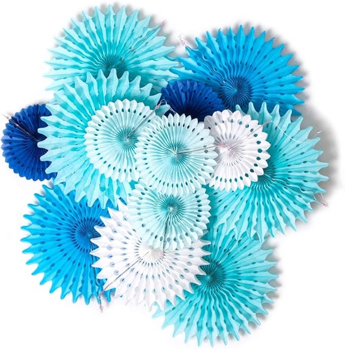 SUNBEAUTY Pack of 13 Blue White Hanging Honeycomb Paper Fans Party Decoration by SUNBEAUTY