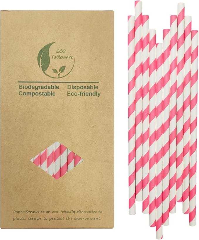 Disposable White and Pink Striped Paper Straws, Hot Pink Swirl Straw Pastel by BOFAEcoTableware