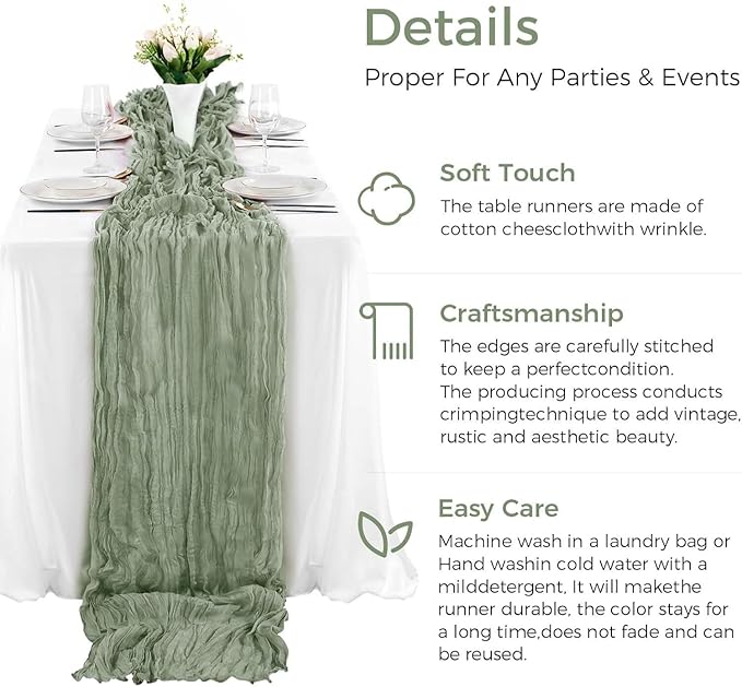 12Pcs Sage Green Cheesecloth Table Runner 120 Inch Green Cheesecloth Table - Image 4