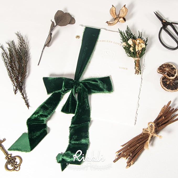 Ribbli Forest Green Velvet Ribbon 1.5 Inch Handmade Frayed Vintage Christmas - Image 3