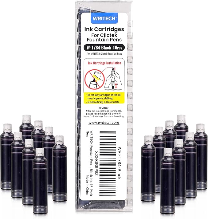WRITECH Black Ink Cartridge Set: 16 Ink Cartridges Clictek Fountain Pens by WRITECH
