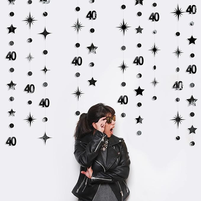 Black 40th Birthday Decorations Number 40 Circle Dot Twinkle Star Garland - Image 4