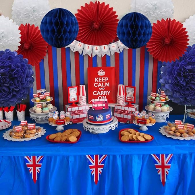 Navy Blue Red White Party Decorations 16pcs Paper Pom Poms Honeycomb Balls - Image 3