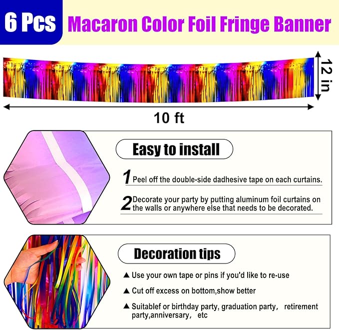 6 Pack 10 Feet Rainbow Foil Fringe Garland Metallic Tinsel Streamers Banner - Image 2