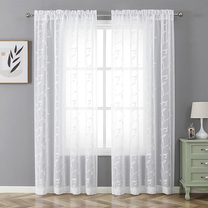 VISIONTEX White Leaves Sheer Voile Curtains, Decorative Embroidery Rod Pocket - Image 2
