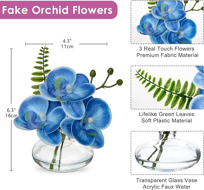 Blue Orchids Artificial Flowers Faux Orchids Arrangement in Clear Glass Vases - Image 2