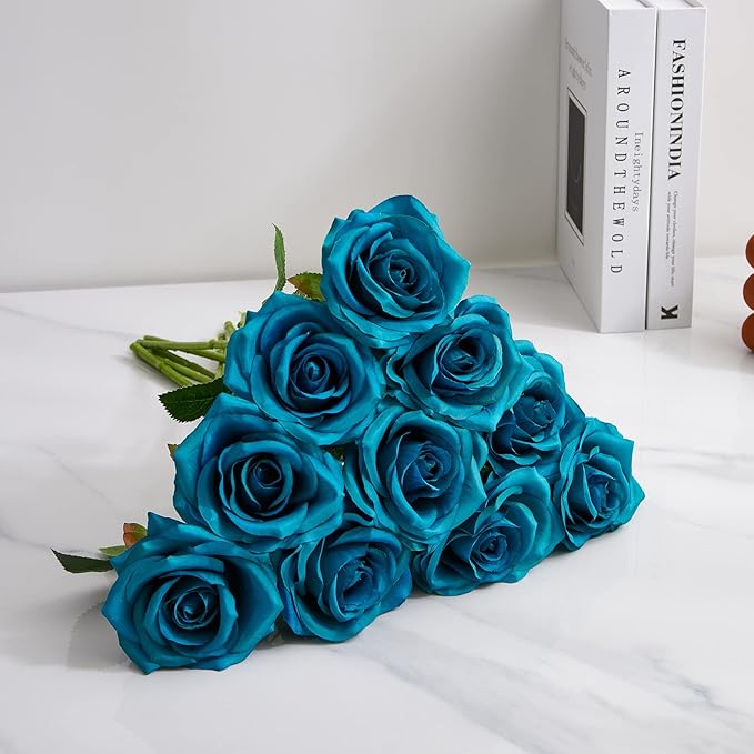 Teal Artificial Rose 10pcs Open Flower Bouquet Faux Rose Stems Turquoise Blue - Image 5