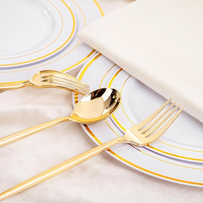 SUT 100PCS Gold Plastic Forks and Spoons Heavy Duty Set, Plastic Flatware - Image 8