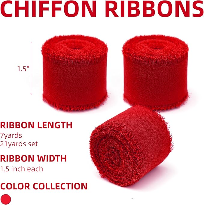 3 Rolls Red Handmade Chiffon Ribbon, 1.5" x 21Yd Frayed Fringe Silk Ribbons - Image 2