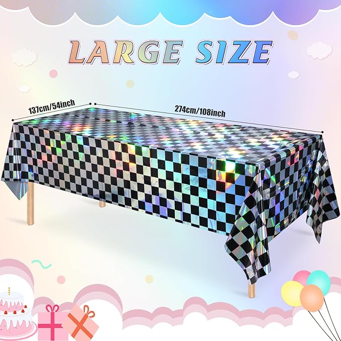 1Pack Black and Iridescent Checkered Plastic Tablecloth, Shiny Disposable Laser - Image 2