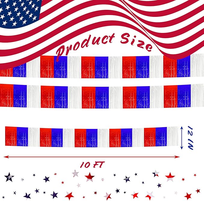 6 Pack 10 Feet White Blue Red Foil Fringe Garland Metallic Tinsel Streamers - Image 2