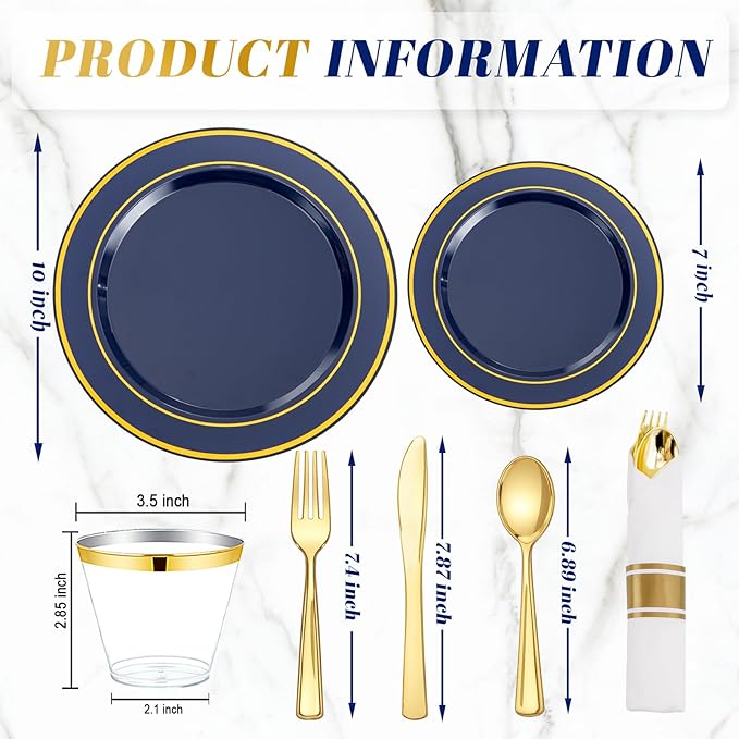 350PCS Blue and Gold Plastic Plates - Image 2