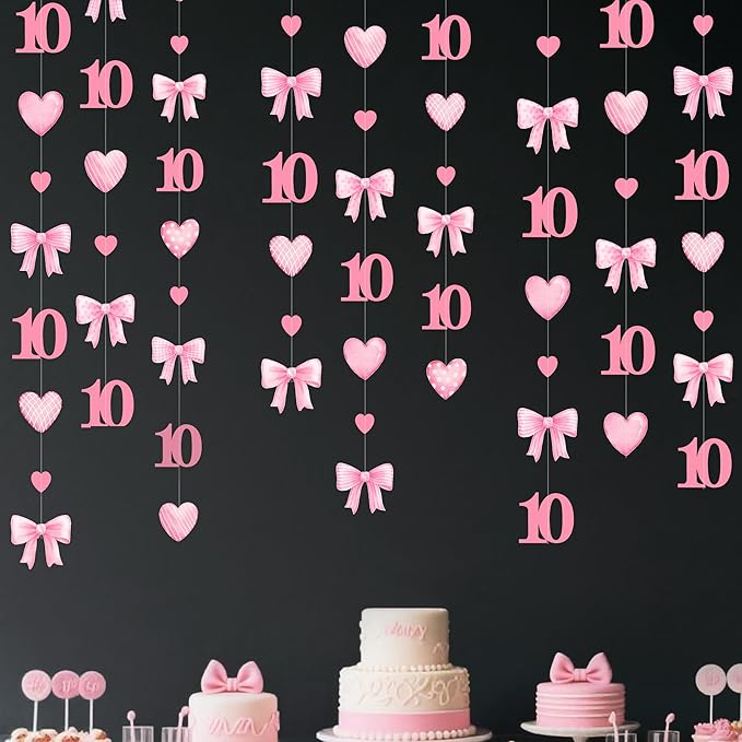 40Ft Pink 10th Bow Birthday Decorations Hot Pink Conquette Bow Heart Garland by pinkblume