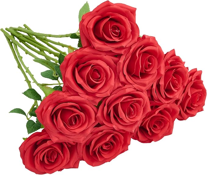 Artificial Rose 10pcs Red Silk Flower Faux Artificial Roses by IUKnot