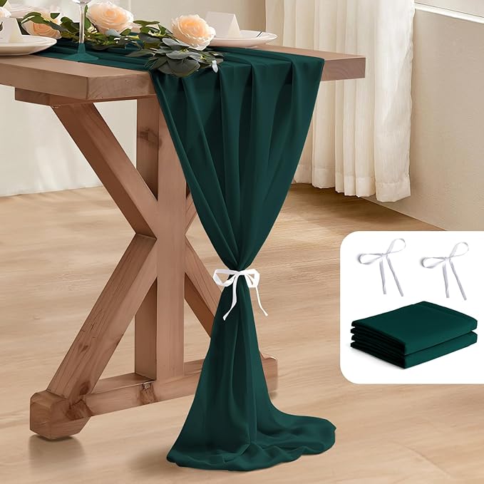 2 Pack 10 Ft Chiffon Table Runner Emerald Green Gauze Long Table Runners 27x120 by BEELIFY