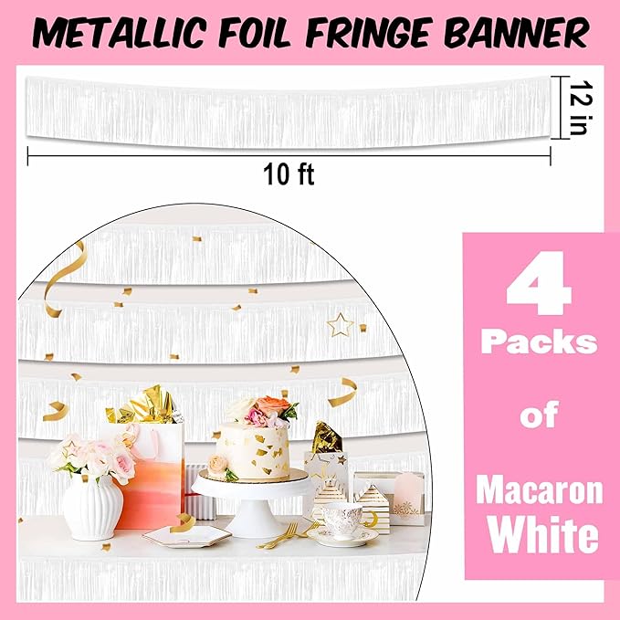 4 Pack 10 Ft Macaron White Foil Fringe Garland Metallic Streamers Tinsel Banner - Image 2