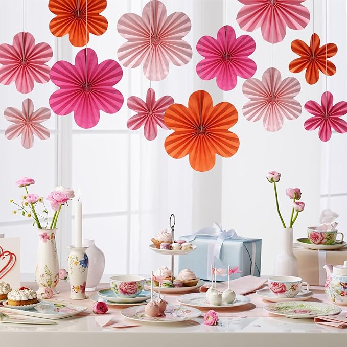 BestoFun 12 PCS Paper Flowers Fans Pink and Orange Party Decorations Paper - Image 6