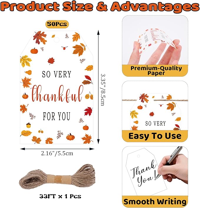50Pcs Fall Thankful for You Tags, 3.3x2.1 Inch Thanksgiving Gift Tags - Image 2