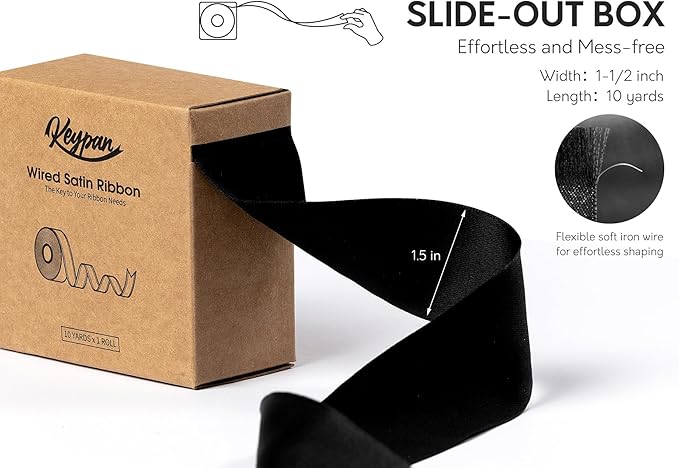 Black Satin Ribbon Double-Faced Wired Ribbons - Image 2