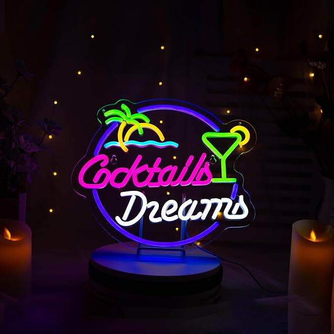 Cocktails and Dreams Palm Neon Sign by Roouneon