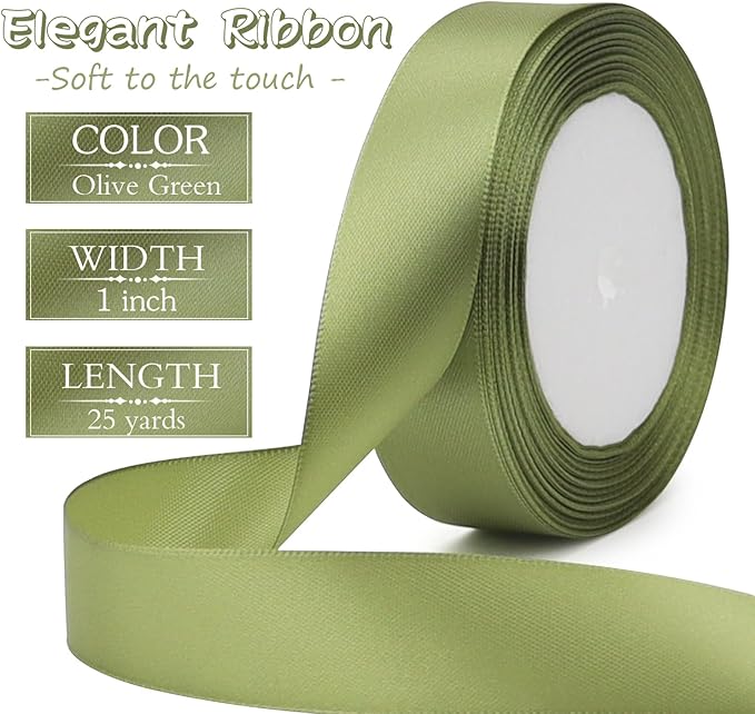Olive Green Solid Satin Ribbon 1 Inch 25 Yards Solid Polyester Fabric Ribbon - Image 2