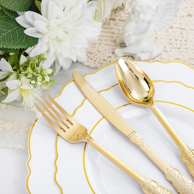 Liacere 350PCS Gold Plastic Plates-Disposable White and Gold Plates 50guest - Image 3