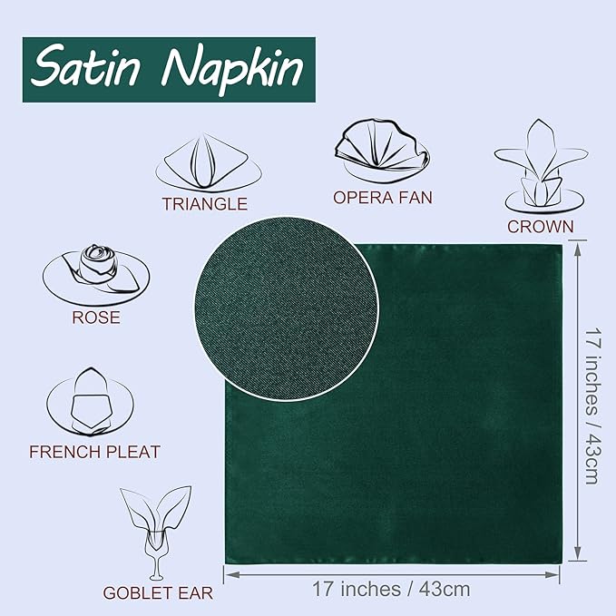 Horbaunal 16 Pack Forest Green Satin Napkins 17 x 17 Inch, Square Soft Table - Image 2