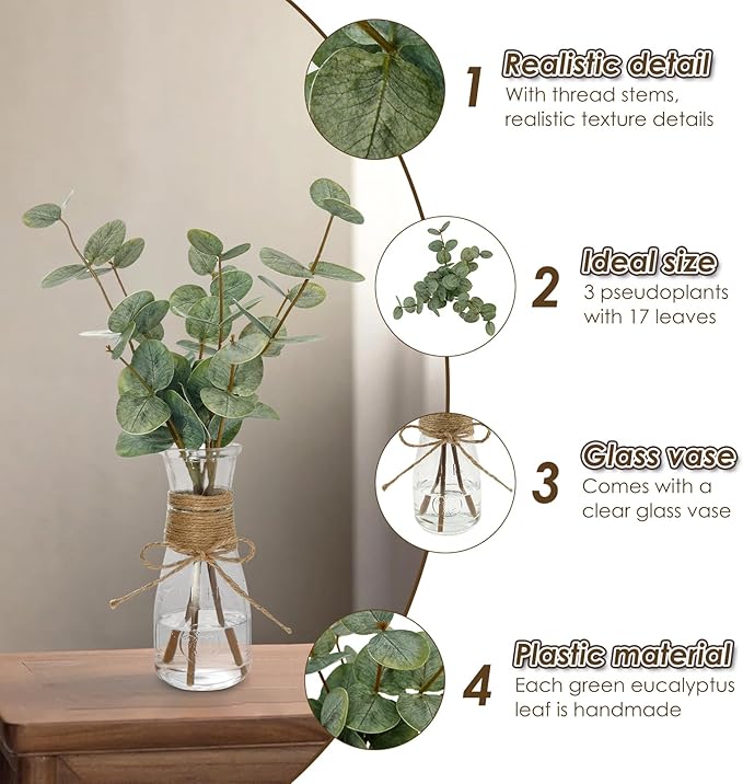 2 Pack Artificial Eucalyptus Stems in Glass Vase Decorative Greenery Artificial - Image 4