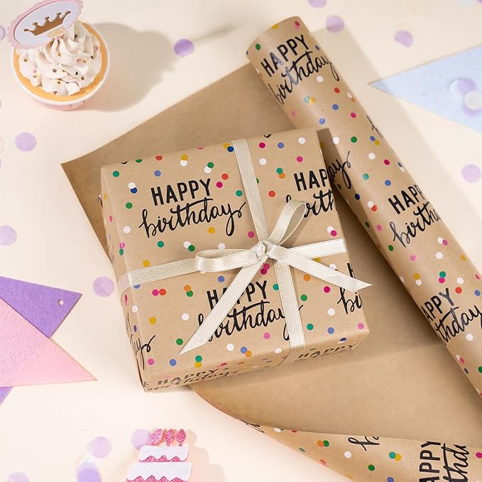 LeZakaa Birthday Kraft Wrapping Paper Roll, Happy Birthday Lettering & Colored - Image 5