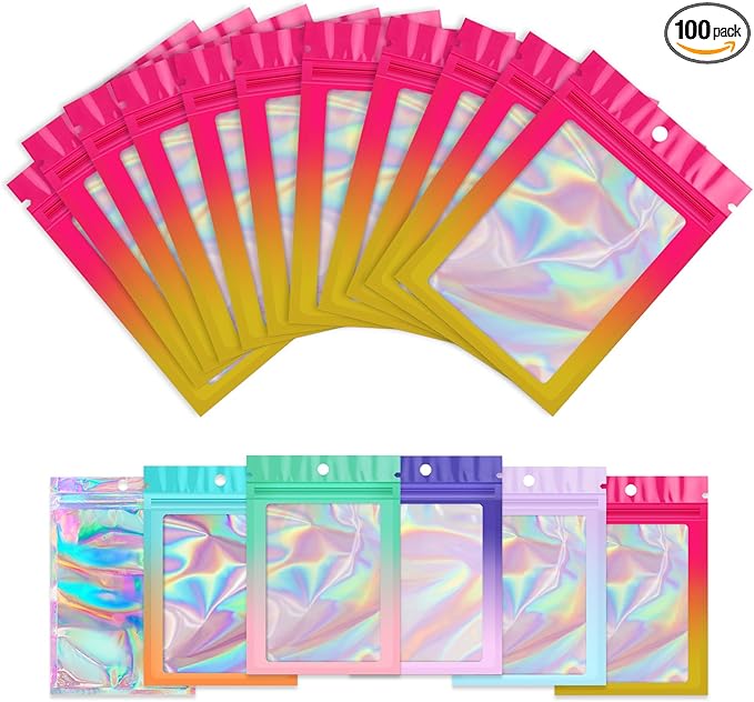 Funfery 100 Pack Gradient Holographic Bags, Mylar Resealable Bag by FUNFERY