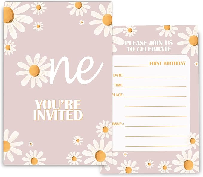 Daisy 1st Birthday Invitations for Girls, Daisy One Birthday Party Invitaions by Fablus