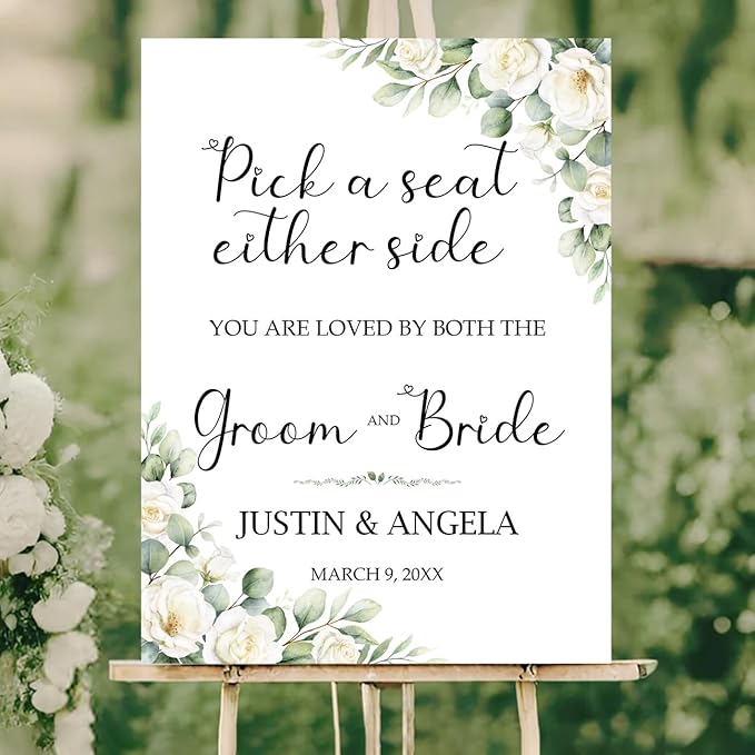 Pick a Seat Either Side Wedding Yard Sign – Custom Floral White Green Ceremony - Image 2