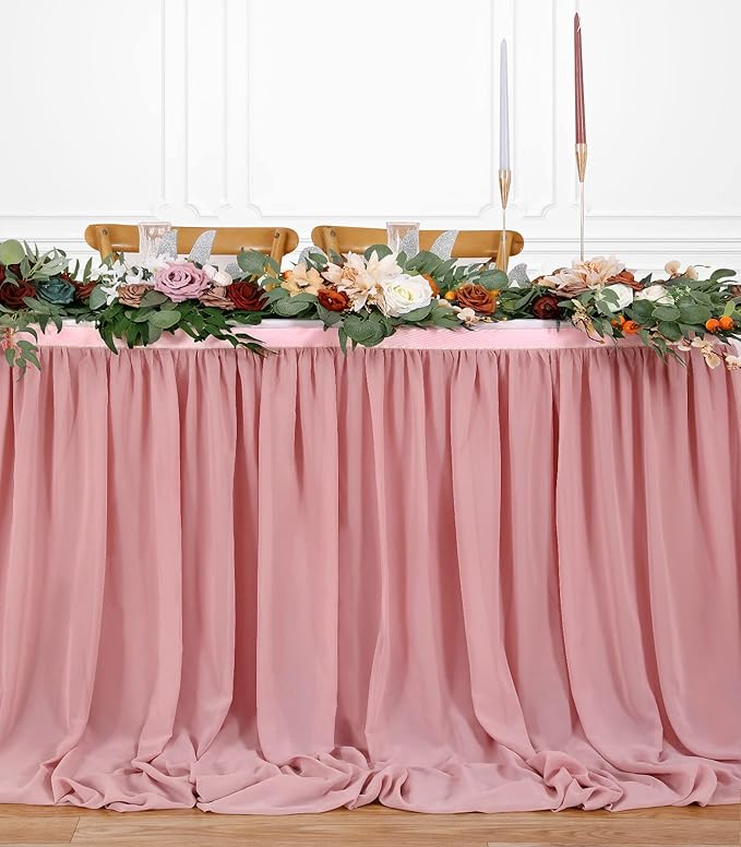 14FT Dusty Rose Chiffon Table Skirt Sheer Rectangle Tablecloth - Image 2