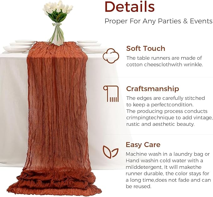 6Pcs Terracotta Cheesecloth Table Runner 120 Inch10FT Terracotta Color Rustic - Image 4