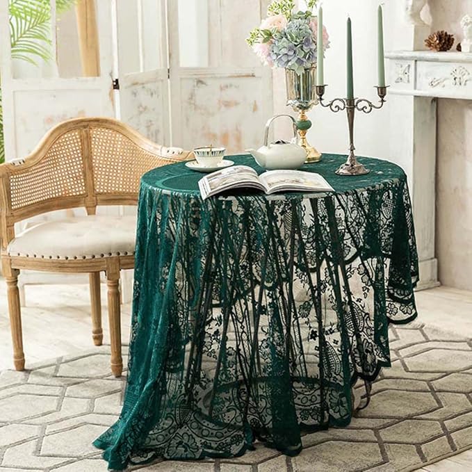 Vintage 60 inch Green Lace Tablecloth Floral Embroidered Boho Shabby Chic Small - Image 2