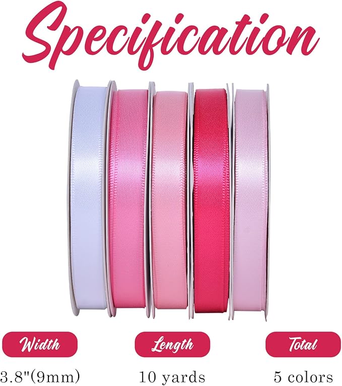Ribest Pink Double Faced Satin Ribbon Set, 3/8 Inch White, Light Pink, Hot Pink - Image 3