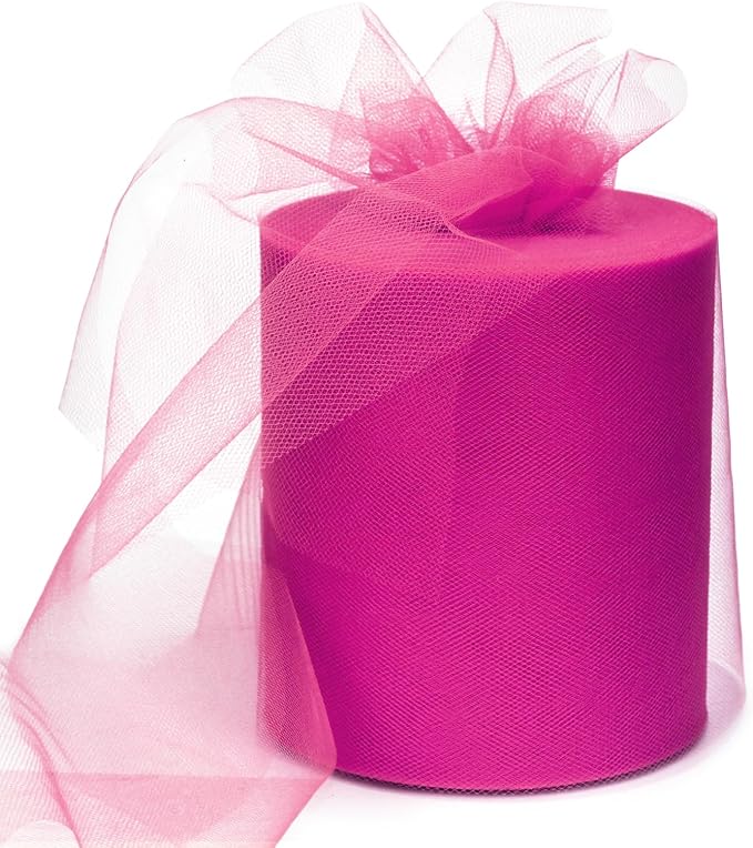 6" x 200 Yards Fuchsia Tulle Fabric Rolls, Hot Pink Spool Tulle Ribbon by GCVOPTON